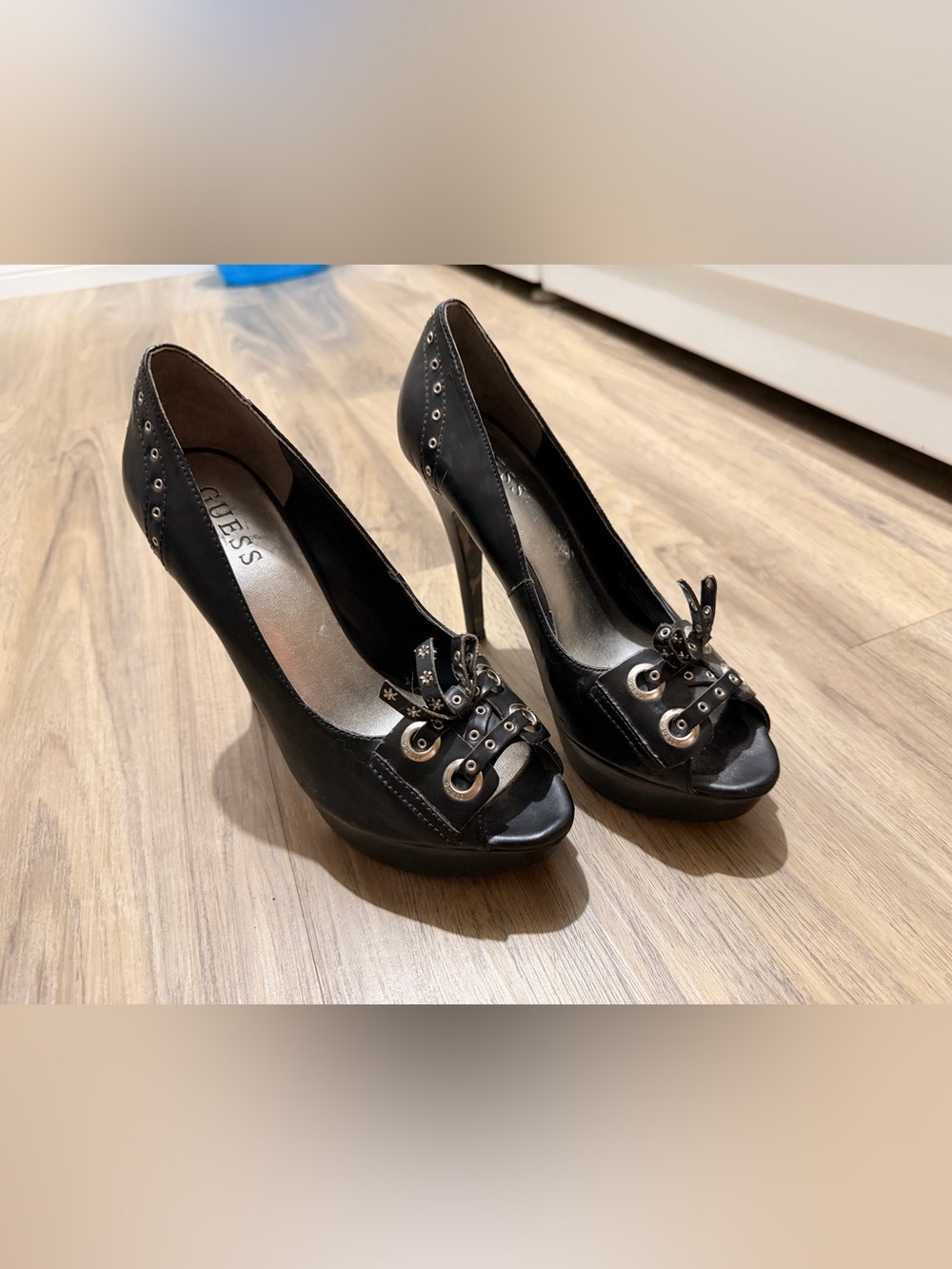 GUESS Black Peep-Toe Platform Heels with Eyelet Lace Detail